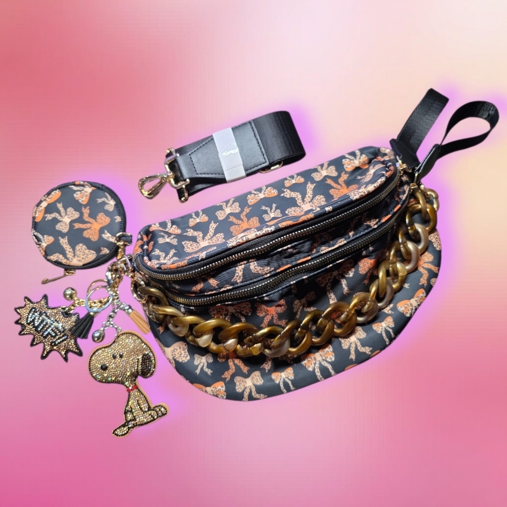 Bum Bag Bundle Deal |Leopard Bow Nylon Crossbody +  Acrylic Chain & 2 Bag Charms